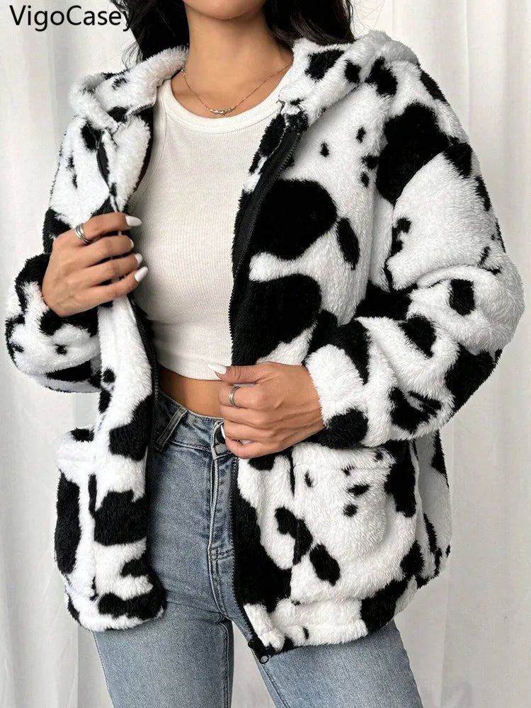 VigoCasey 2025 Women Autumn Casual Jacket Print Zipper Thick Plush Warm Coat Long Sleeve Loose Cardigan Soft Lady Hooded Coat - American Thistle VigoCasey 2025 Women Autumn Casual Jacket Print Zipper Thick Plush Warm Coat Long Sleeve Loose Cardigan Soft Lady Hooded Coat