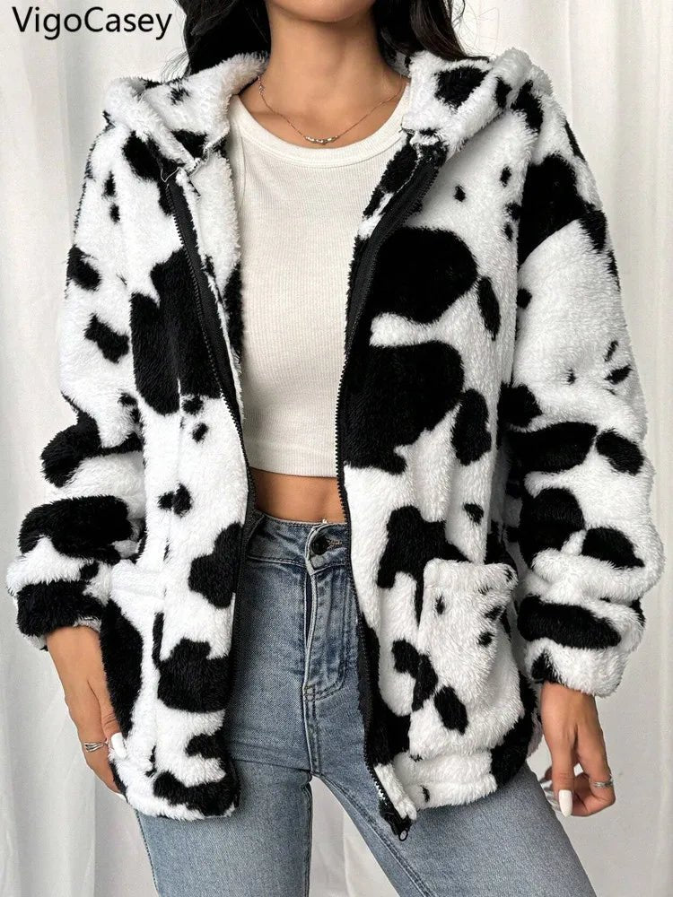 VigoCasey 2025 Women Autumn Casual Jacket Print Zipper Thick Plush Warm Coat Long Sleeve Loose Cardigan Soft Lady Hooded Coat - American Thistle VigoCasey 2025 Women Autumn Casual Jacket Print Zipper Thick Plush Warm Coat Long Sleeve Loose Cardigan Soft Lady Hooded Coat