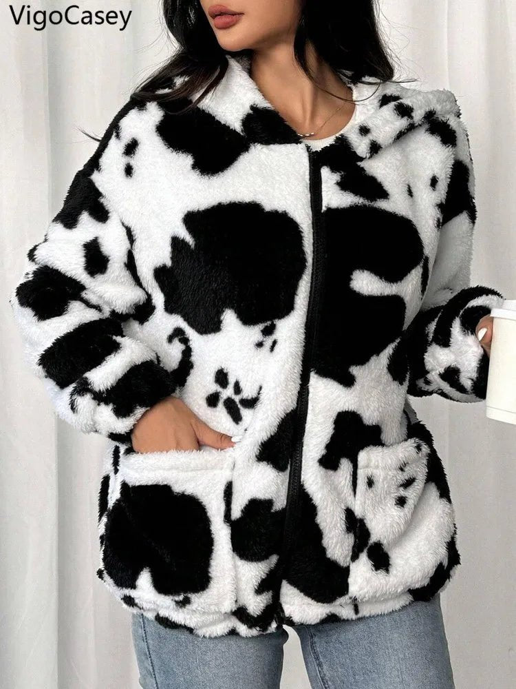 VigoCasey 2025 Women Autumn Casual Jacket Print Zipper Thick Plush Warm Coat Long Sleeve Loose Cardigan Soft Lady Hooded Coat - American Thistle VigoCasey 2025 Women Autumn Casual Jacket Print Zipper Thick Plush Warm Coat Long Sleeve Loose Cardigan Soft Lady Hooded Coat