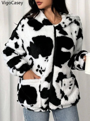 VigoCasey 2025 Women Autumn Casual Jacket Print Zipper Thick Plush Warm Coat Long Sleeve Loose Cardigan Soft Lady Hooded Coat - American Thistle VigoCasey 2025 Women Autumn Casual Jacket Print Zipper Thick Plush Warm Coat Long Sleeve Loose Cardigan Soft Lady Hooded Coat