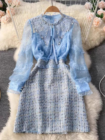 Vintage Banulin Fashion Runway Mesh Embroidery Patchwork Sequins and Beaded Tweed Wool Dress Women's with Ruffle arms - American Thistle Vintage Banulin Fashion Runway Mesh Embroidery Patchwork Sequins and Beaded Tweed Wool Dress Women's with Ruffle arms