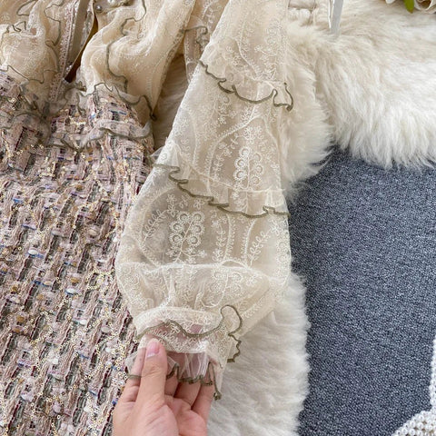Vintage Banulin Fashion Runway Mesh Embroidery Patchwork Sequins and Beaded Tweed Wool Dress Women's with Ruffle arms - American Thistle Vintage Banulin Fashion Runway Mesh Embroidery Patchwork Sequins and Beaded Tweed Wool Dress Women's with Ruffle arms