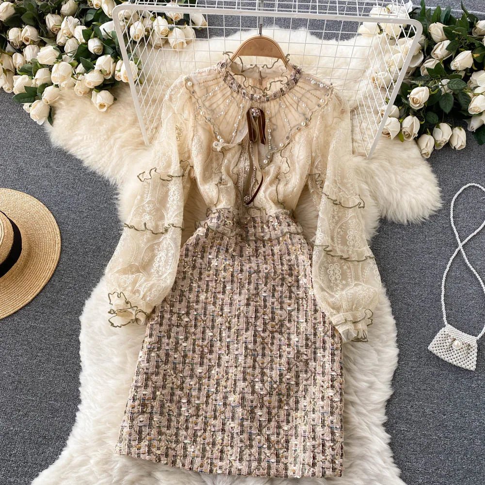 Vintage Banulin Fashion Runway Mesh Embroidery Patchwork Sequins and Beaded Tweed Wool Dress Women's with Ruffle arms - American Thistle Vintage Banulin Fashion Runway Mesh Embroidery Patchwork Sequins and Beaded Tweed Wool Dress Women's with Ruffle arms
