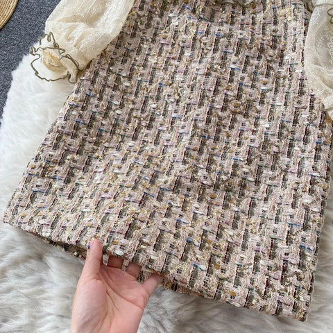Vintage Banulin Fashion Runway Mesh Embroidery Patchwork Sequins and Beaded Tweed Wool Dress Women's with Ruffle arms - American Thistle Vintage Banulin Fashion Runway Mesh Embroidery Patchwork Sequins and Beaded Tweed Wool Dress Women's with Ruffle arms