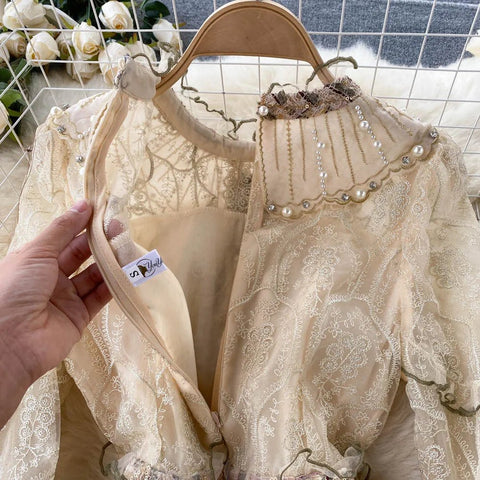 Vintage Banulin Fashion Runway Mesh Embroidery Patchwork Sequins and Beaded Tweed Wool Dress Women's with Ruffle arms - American Thistle Vintage Banulin Fashion Runway Mesh Embroidery Patchwork Sequins and Beaded Tweed Wool Dress Women's with Ruffle arms