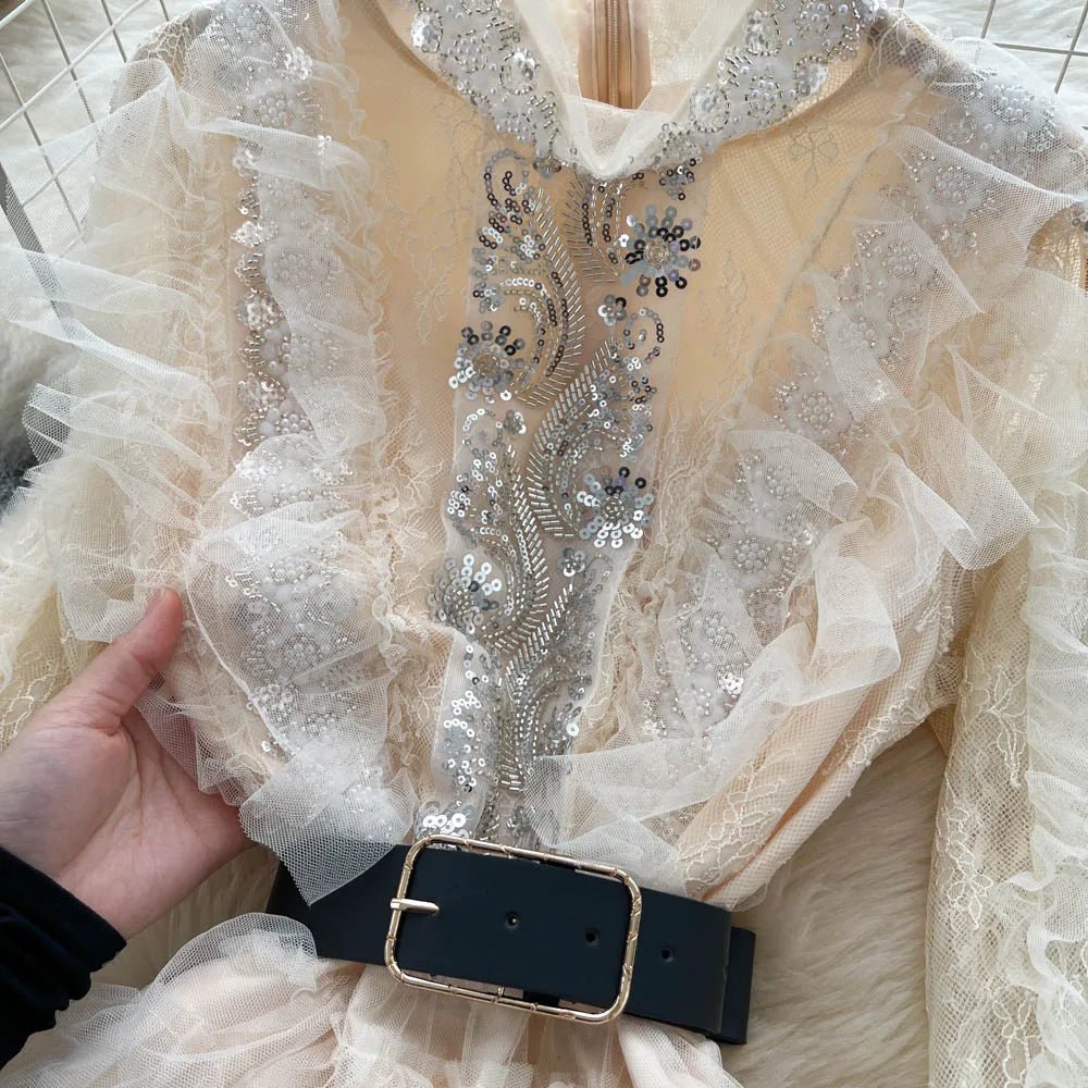 Vintage Beaded Long Sleeve Elegant Dress with high Collar - American Thistle Vintage Beaded Long Sleeve Elegant Dress with high Collar