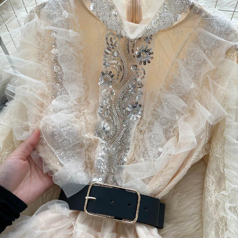 Vintage Beaded Long Sleeve Elegant Dress with high Collar - American Thistle Vintage Beaded Long Sleeve Elegant Dress with high Collar