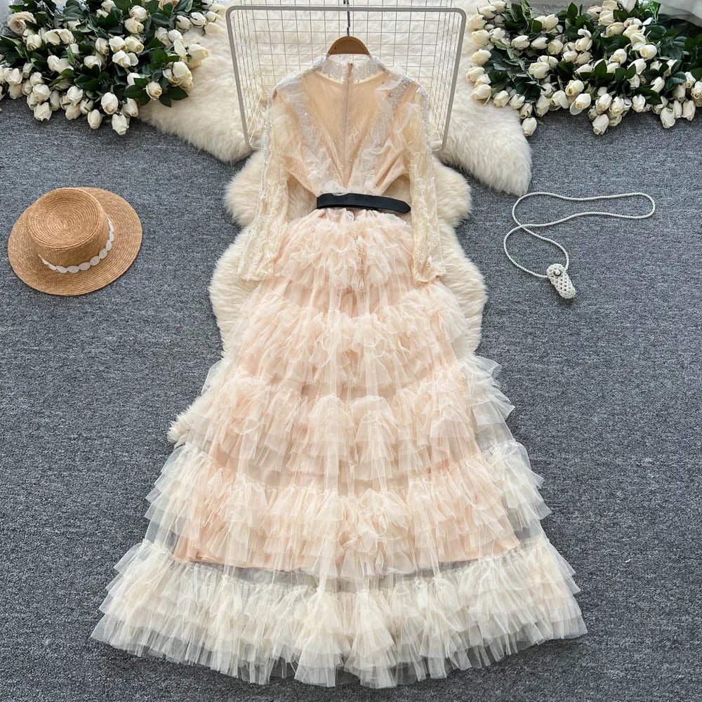 Vintage Beaded Long Sleeve Elegant Dress with high Collar - American Thistle Vintage Beaded Long Sleeve Elegant Dress with high Collar