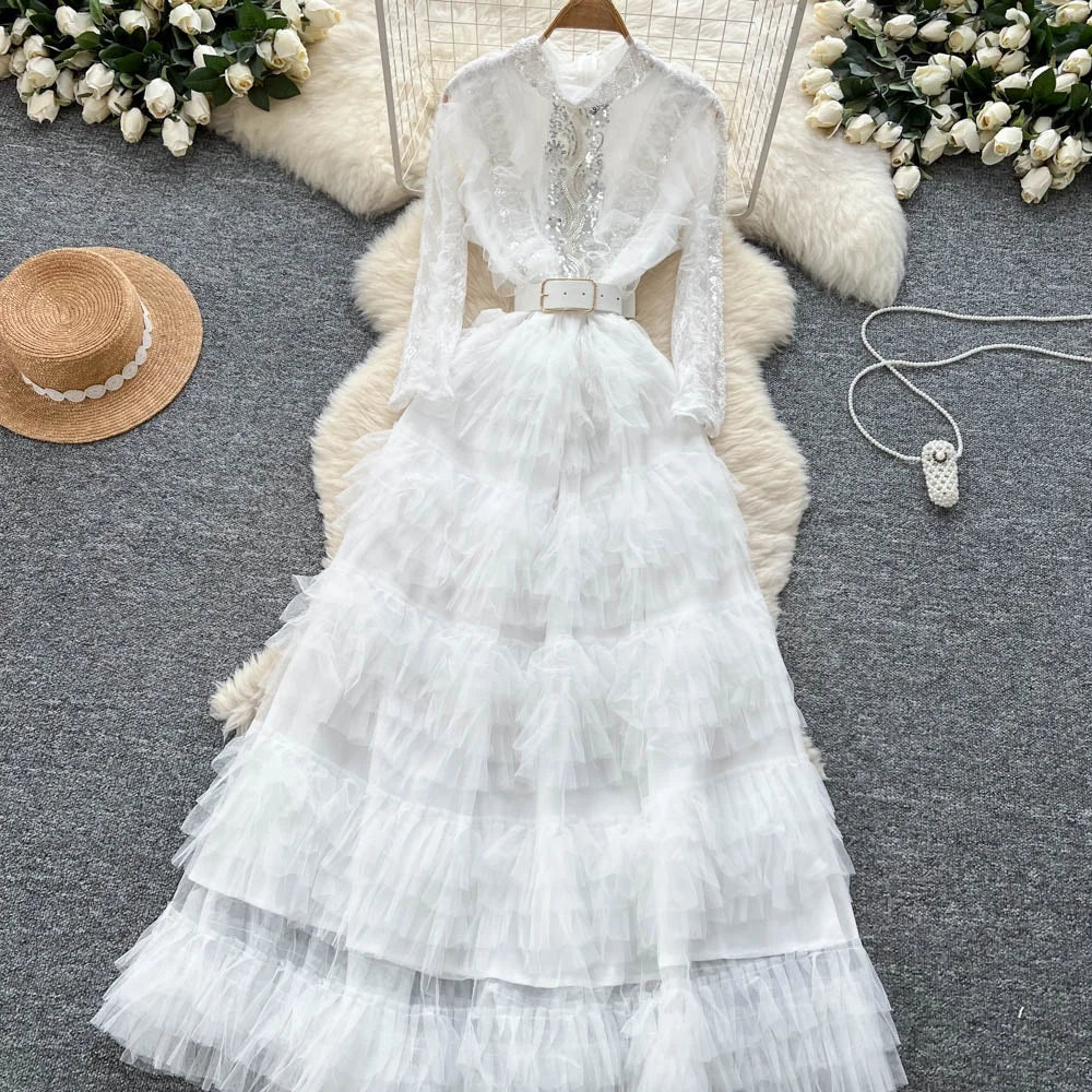 Vintage Beaded Long Sleeve Elegant Dress with high Collar - American Thistle Vintage Beaded Long Sleeve Elegant Dress with high Collar