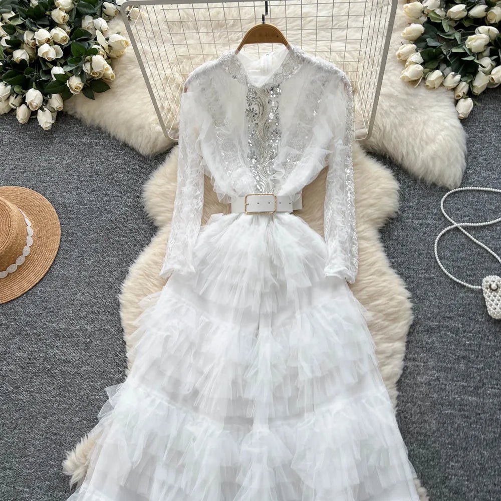 Vintage Beaded Long Sleeve Elegant Dress with high Collar - American Thistle Vintage Beaded Long Sleeve Elegant Dress with high Collar