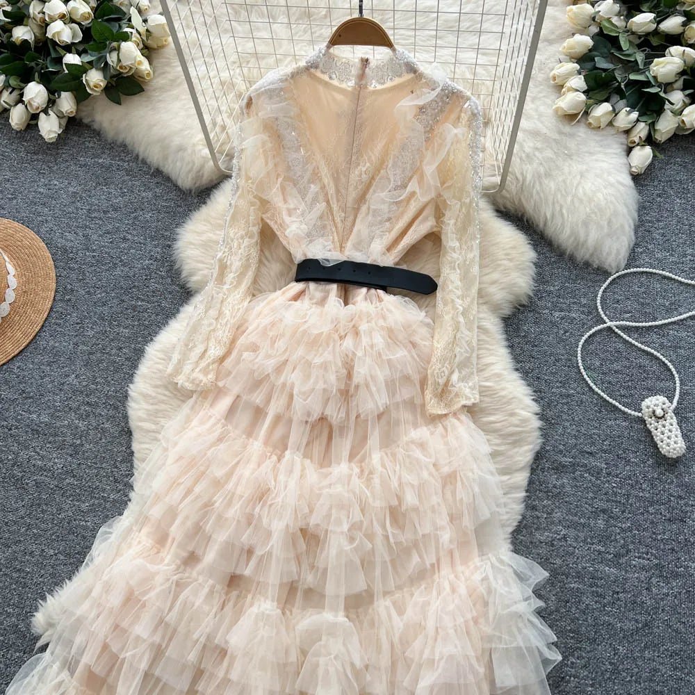 Vintage Beaded Long Sleeve Elegant Dress with high Collar - American Thistle Vintage Beaded Long Sleeve Elegant Dress with high Collar