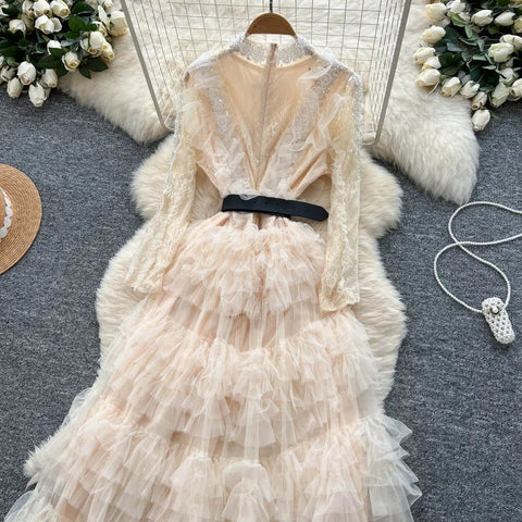 Vintage Beaded Long Sleeve Elegant Dress with high Collar - American Thistle Vintage Beaded Long Sleeve Elegant Dress with high Collar