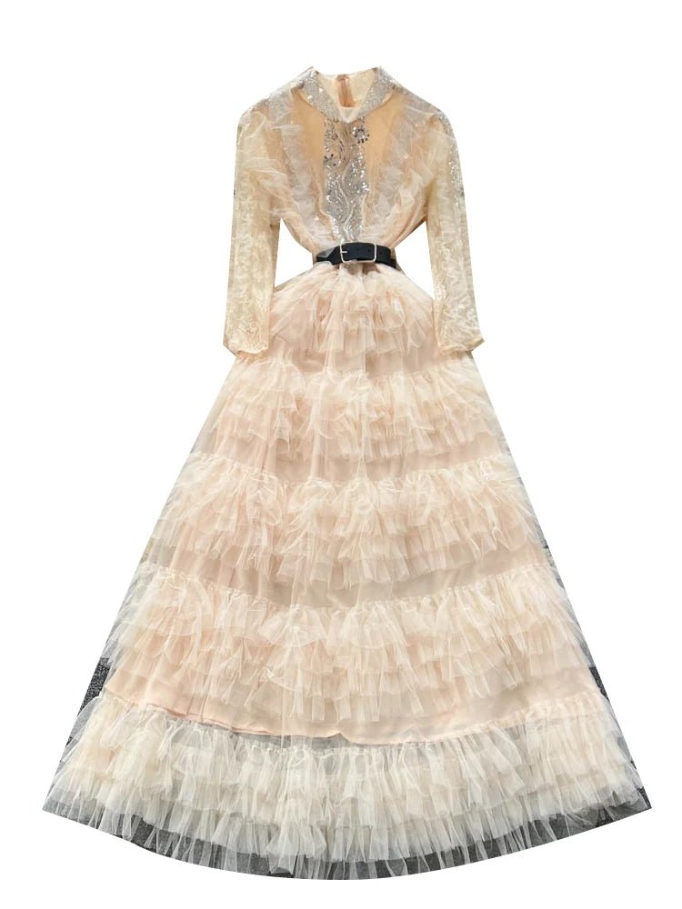 Vintage Beaded Long Sleeve Elegant Dress with high Collar - American Thistle Vintage Beaded Long Sleeve Elegant Dress with high Collar