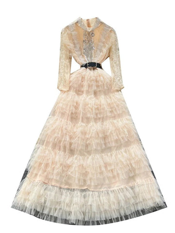 Vintage Beaded Long Sleeve Elegant Dress with high Collar - American Thistle Vintage Beaded Long Sleeve Elegant Dress with high Collar