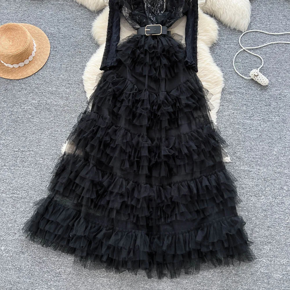 Vintage Beaded Long Sleeve Elegant Dress with high Collar - American Thistle Vintage Beaded Long Sleeve Elegant Dress with high Collar