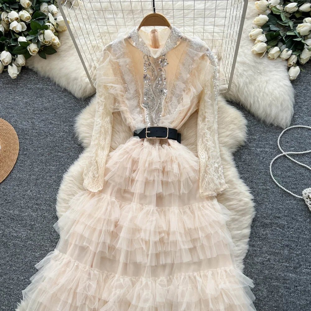 Vintage Beaded Long Sleeve Elegant Dress with high Collar - American Thistle Vintage Beaded Long Sleeve Elegant Dress with high Collar