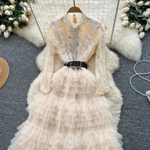 Vintage Beaded Long Sleeve Elegant Dress with high Collar - American Thistle Vintage Beaded Long Sleeve Elegant Dress with high Collar