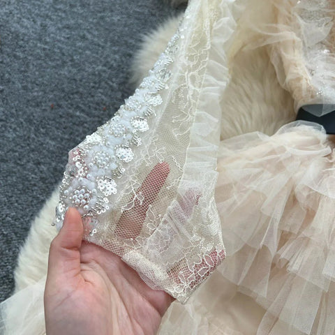 Vintage Beaded Long Sleeve Elegant Dress with high Collar - American Thistle Vintage Beaded Long Sleeve Elegant Dress with high Collar