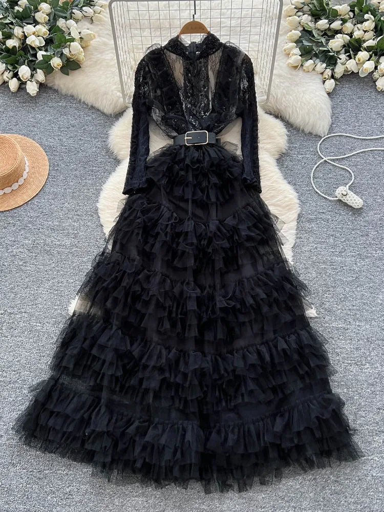 Vintage Beaded Long Sleeve Elegant Dress with high Collar - American Thistle Vintage Beaded Long Sleeve Elegant Dress with high Collar