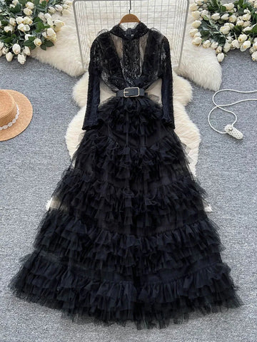 Vintage Beaded Long Sleeve Elegant Dress with high Collar - American Thistle Vintage Beaded Long Sleeve Elegant Dress with high Collar