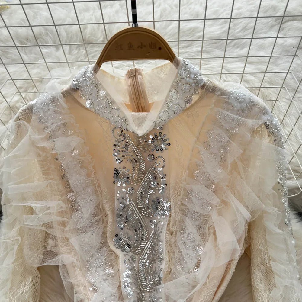 Vintage Beaded Long Sleeve Elegant Dress with high Collar - American Thistle Vintage Beaded Long Sleeve Elegant Dress with high Collar