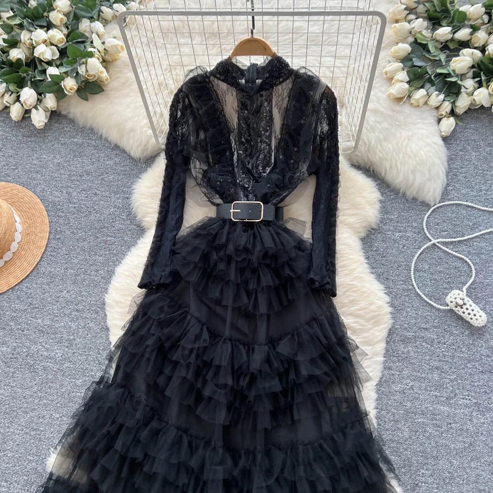 Vintage Beaded Long Sleeve Elegant Dress with high Collar - American Thistle Vintage Beaded Long Sleeve Elegant Dress with high Collar