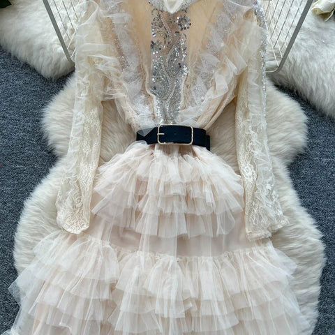 Vintage Beaded Long Sleeve Elegant Dress with high Collar - American Thistle Vintage Beaded Long Sleeve Elegant Dress with high Collar