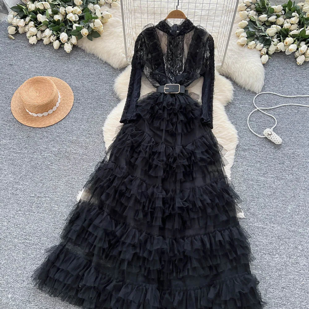 Vintage Beaded Long Sleeve Elegant Dress with high Collar - American Thistle Vintage Beaded Long Sleeve Elegant Dress with high Collar