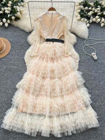 Vintage Beaded Long Sleeve Elegant Dress with high Collar - American Thistle Vintage Beaded Long Sleeve Elegant Dress with high Collar