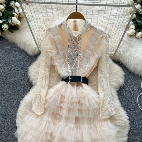 Vintage Beaded Long Sleeve Elegant Dress with high Collar - American Thistle Vintage Beaded Long Sleeve Elegant Dress with high Collar