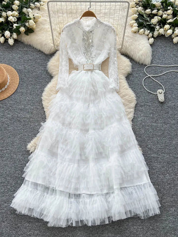 Vintage Beaded Long Sleeve Elegant Dress with high Collar - American Thistle Vintage Beaded Long Sleeve Elegant Dress with high Collar