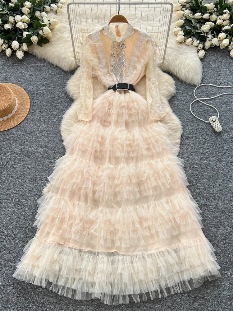 Vintage Beaded Long Sleeve Elegant Dress with high Collar - American Thistle Vintage Beaded Long Sleeve Elegant Dress with high Collar