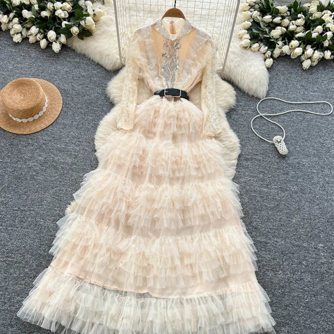 Vintage Beaded Long Sleeve Elegant Dress with high Collar - American Thistle Vintage Beaded Long Sleeve Elegant Dress with high Collar