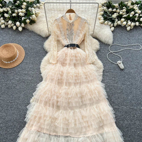 Vintage Beaded Long Sleeve Elegant Dress with high Collar - American Thistle Vintage Beaded Long Sleeve Elegant Dress with high Collar