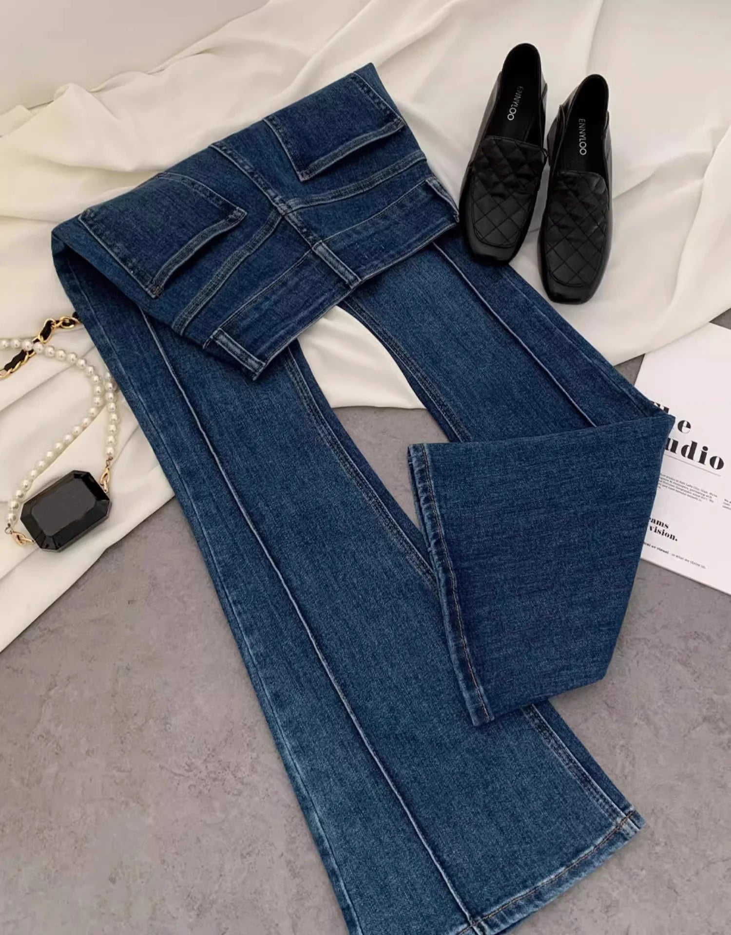 Vintage Blue Women Flare Pants Two - Button High Waist Slim Denim Trousers - American Thistle Vintage Blue Women Flare Pants Two - Button High Waist Slim Denim Trousers