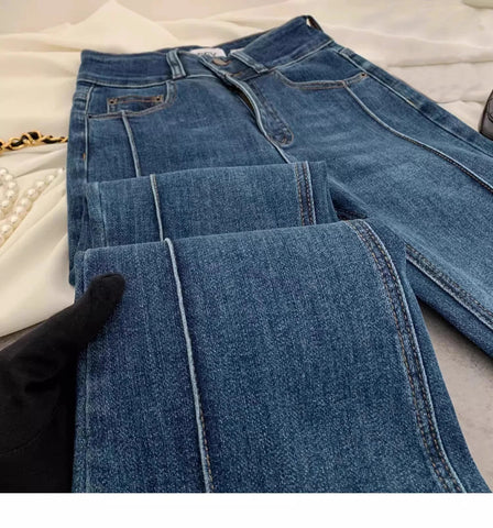 Vintage Blue Women Flare Pants Two - Button High Waist Slim Denim Trousers - American Thistle Vintage Blue Women Flare Pants Two - Button High Waist Slim Denim Trousers