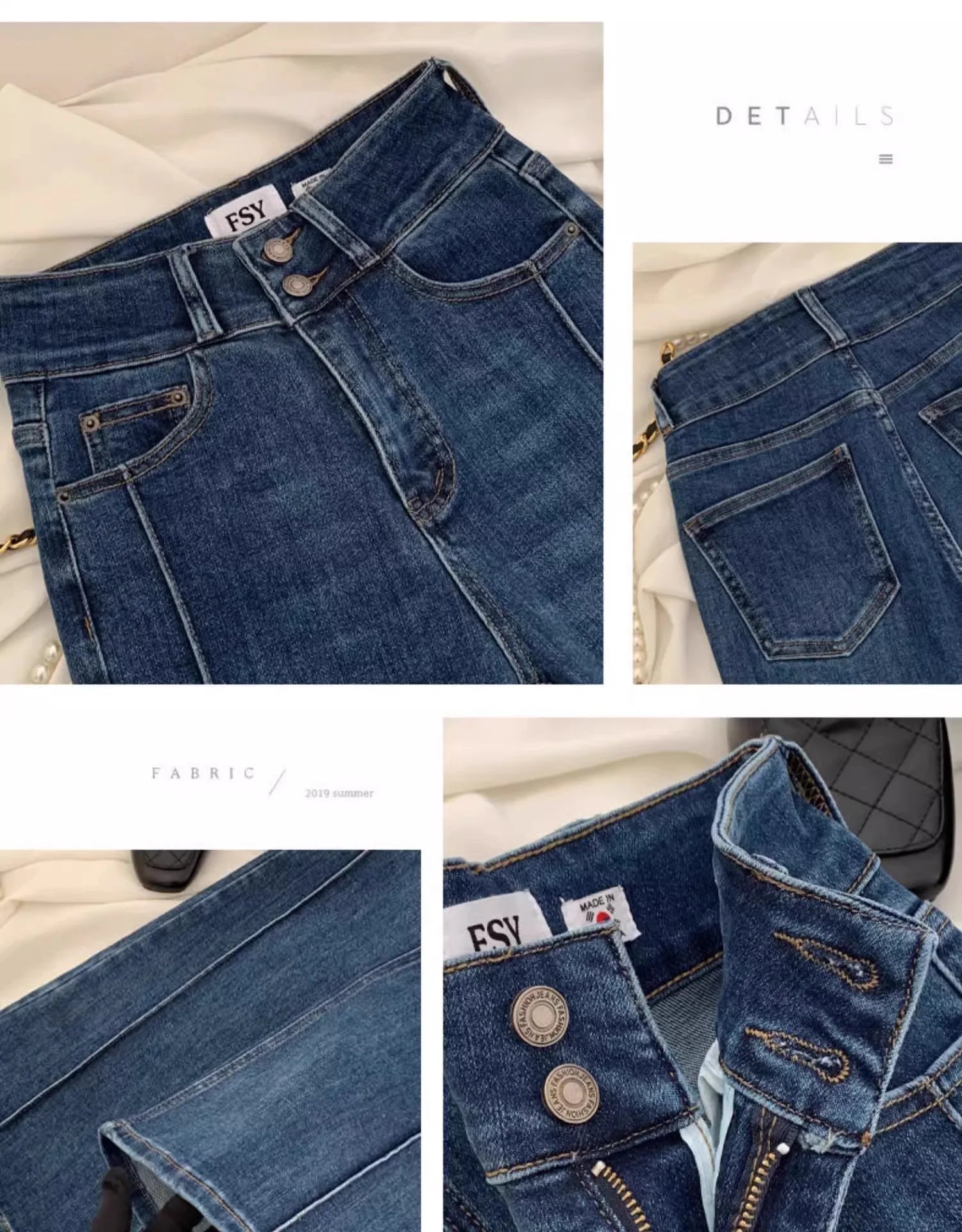 Vintage Blue Women Flare Pants Two - Button High Waist Slim Denim Trousers - American Thistle Vintage Blue Women Flare Pants Two - Button High Waist Slim Denim Trousers