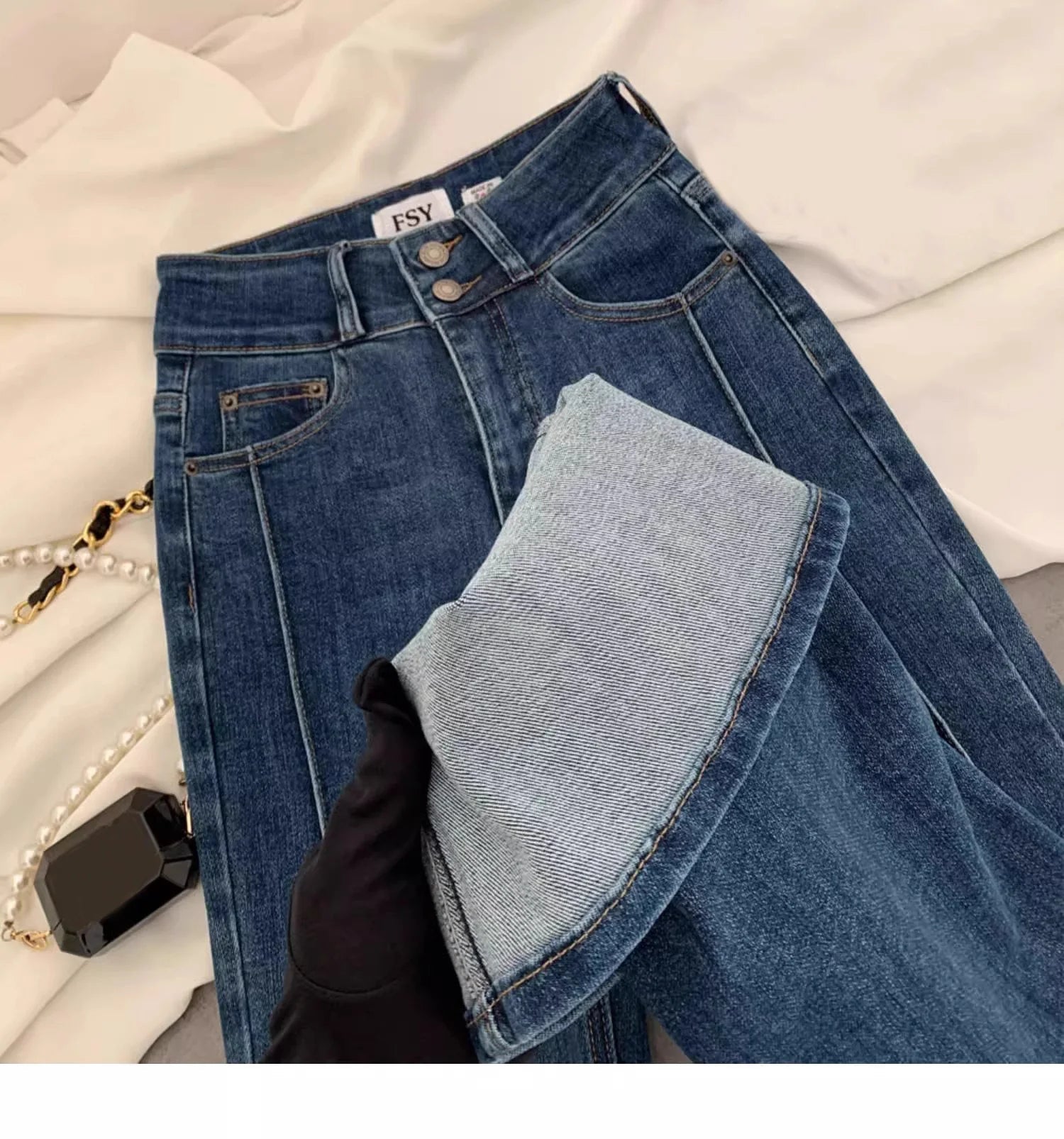 Vintage Blue Women Flare Pants Two - Button High Waist Slim Denim Trousers - American Thistle Vintage Blue Women Flare Pants Two - Button High Waist Slim Denim Trousers