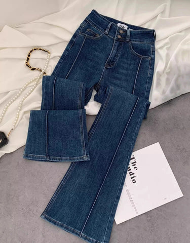 Vintage Blue Women Flare Pants Two - Button High Waist Slim Denim Trousers - American Thistle Vintage Blue Women Flare Pants Two - Button High Waist Slim Denim Trousers