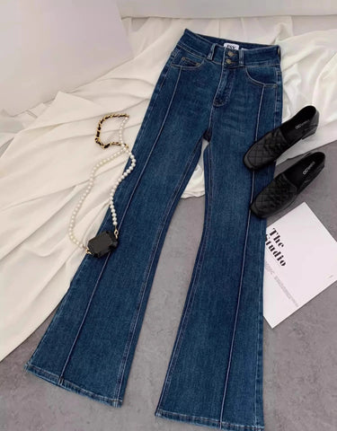 Vintage Blue Women Flare Pants Two - Button High Waist Slim Denim Trousers - American Thistle Vintage Blue Women Flare Pants Two - Button High Waist Slim Denim Trousers