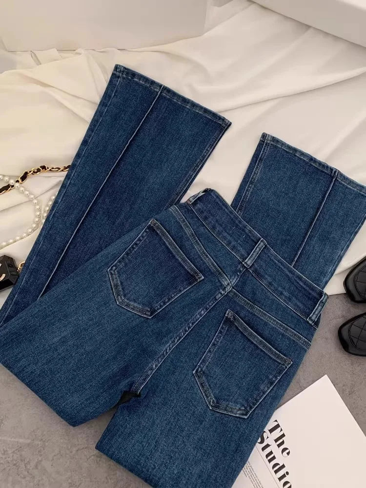 Vintage Blue Women Flare Pants Two - Button High Waist Slim Denim Trousers - American Thistle Vintage Blue Women Flare Pants Two - Button High Waist Slim Denim Trousers