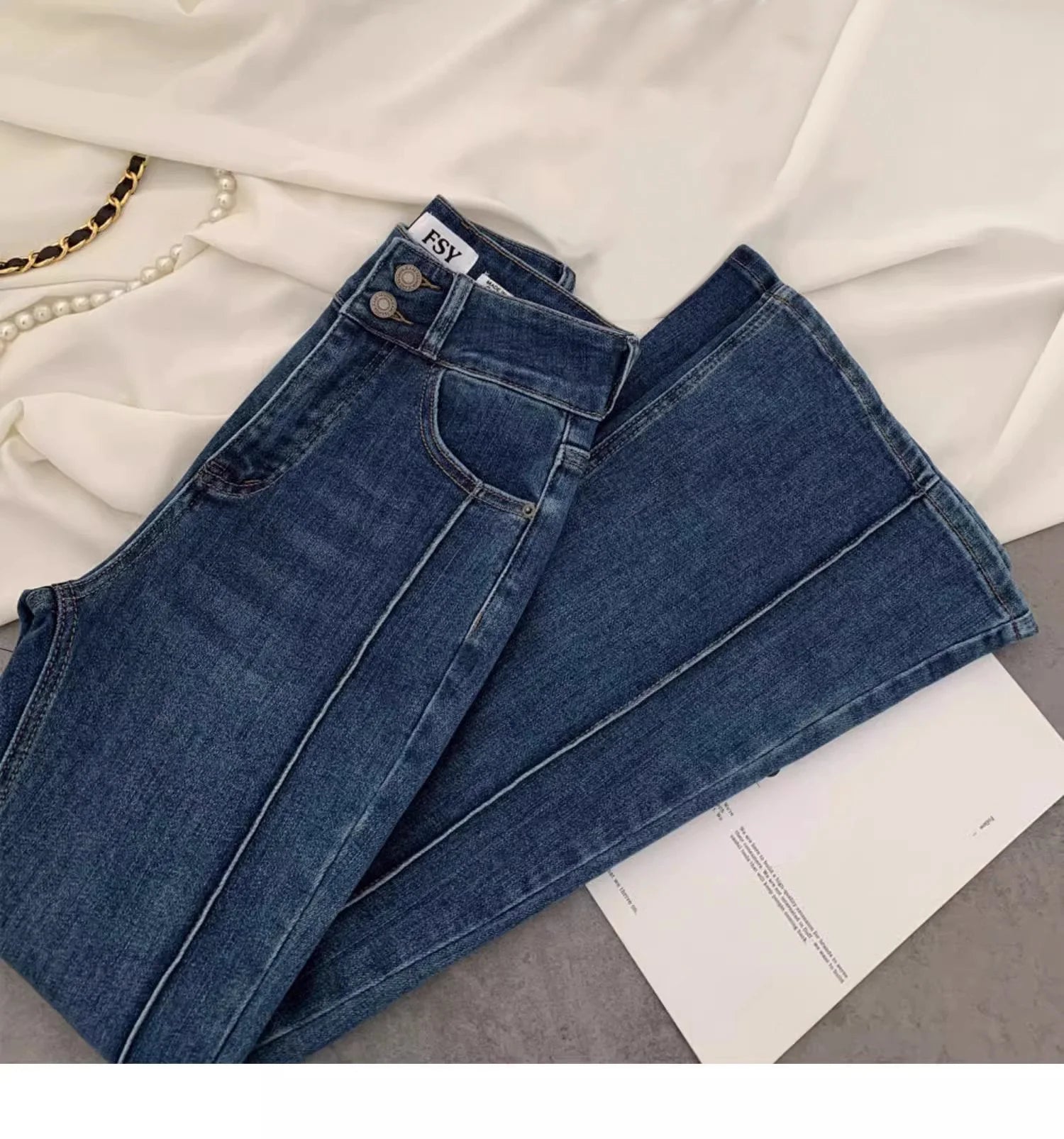 Vintage Blue Women Flare Pants Two - Button High Waist Slim Denim Trousers - American Thistle Vintage Blue Women Flare Pants Two - Button High Waist Slim Denim Trousers