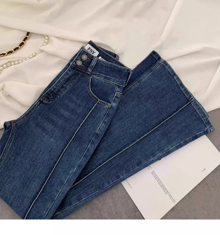 Vintage Blue Women Flare Pants Two - Button High Waist Slim Denim Trousers - American Thistle Vintage Blue Women Flare Pants Two - Button High Waist Slim Denim Trousers