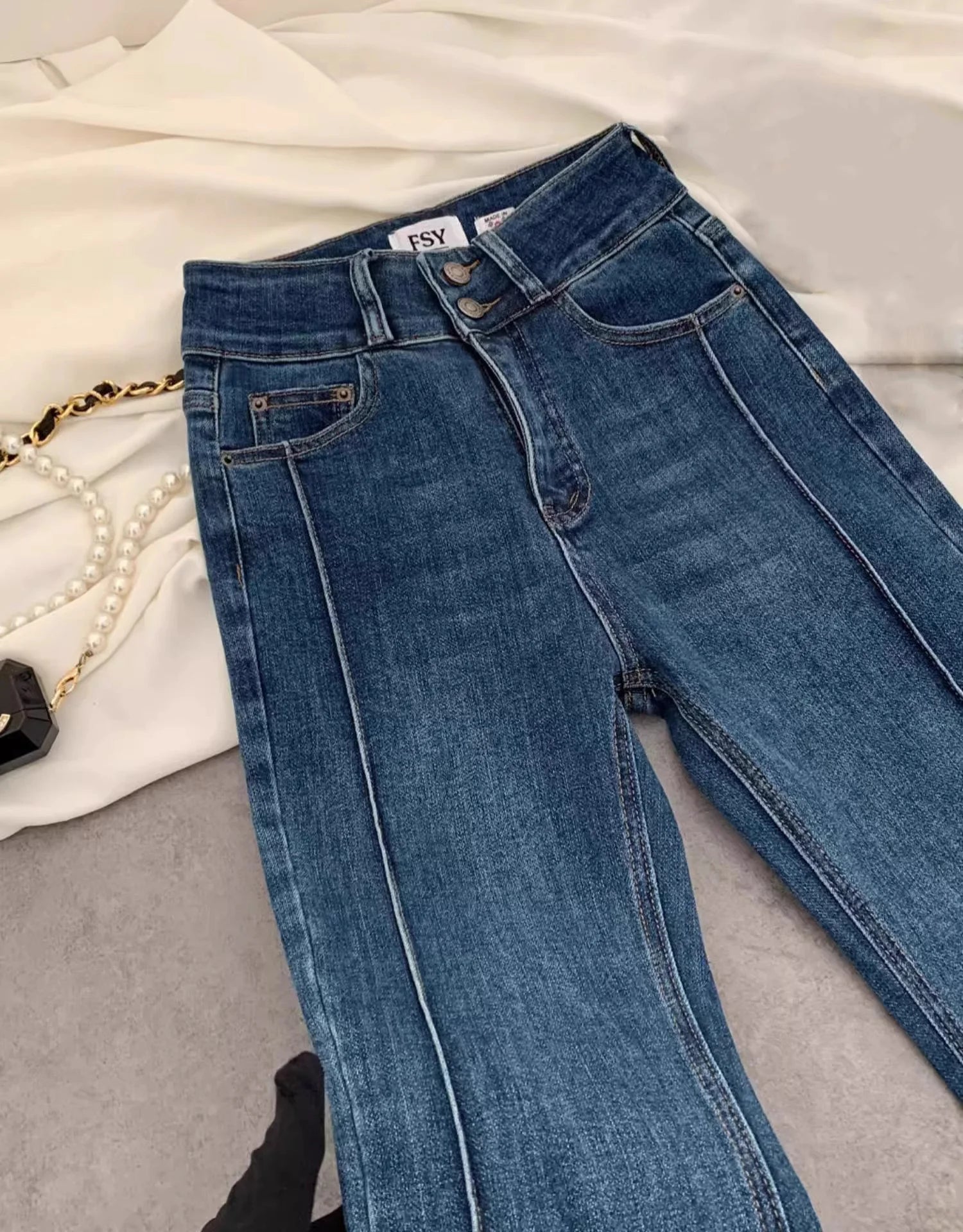 Vintage Blue Women Flare Pants Two - Button High Waist Slim Denim Trousers - American Thistle Vintage Blue Women Flare Pants Two - Button High Waist Slim Denim Trousers