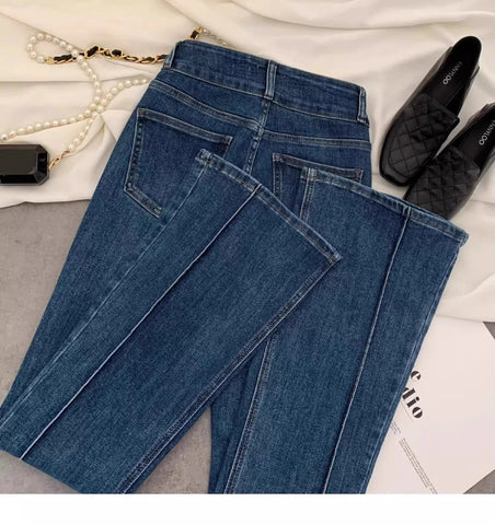 Vintage Blue Women Flare Pants Two - Button High Waist Slim Denim Trousers - American Thistle Vintage Blue Women Flare Pants Two - Button High Waist Slim Denim Trousers
