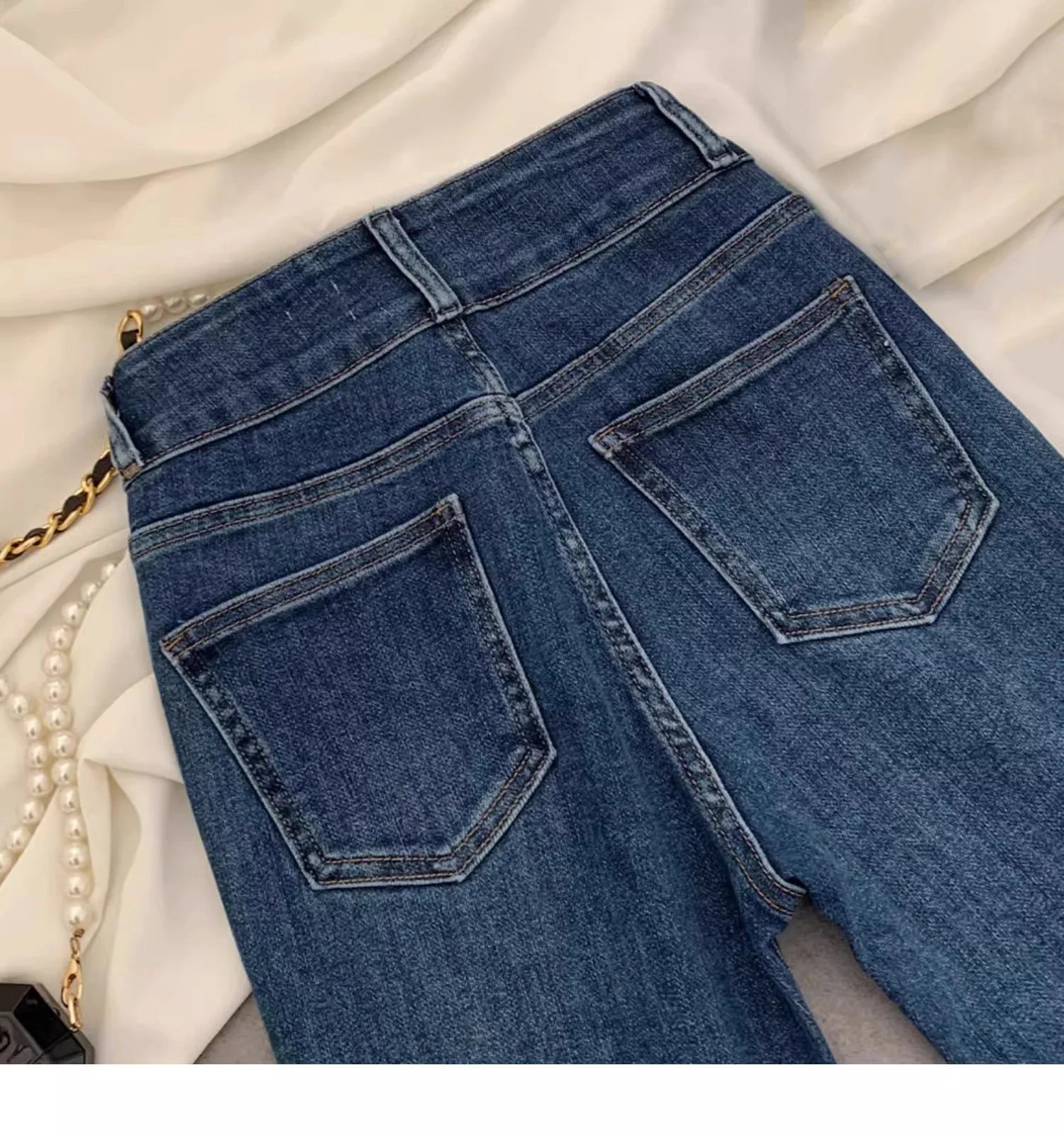 Vintage Blue Women Flare Pants Two - Button High Waist Slim Denim Trousers - American Thistle Vintage Blue Women Flare Pants Two - Button High Waist Slim Denim Trousers