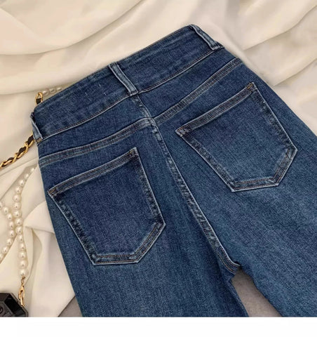 Vintage Blue Women Flare Pants Two - Button High Waist Slim Denim Trousers - American Thistle Vintage Blue Women Flare Pants Two - Button High Waist Slim Denim Trousers
