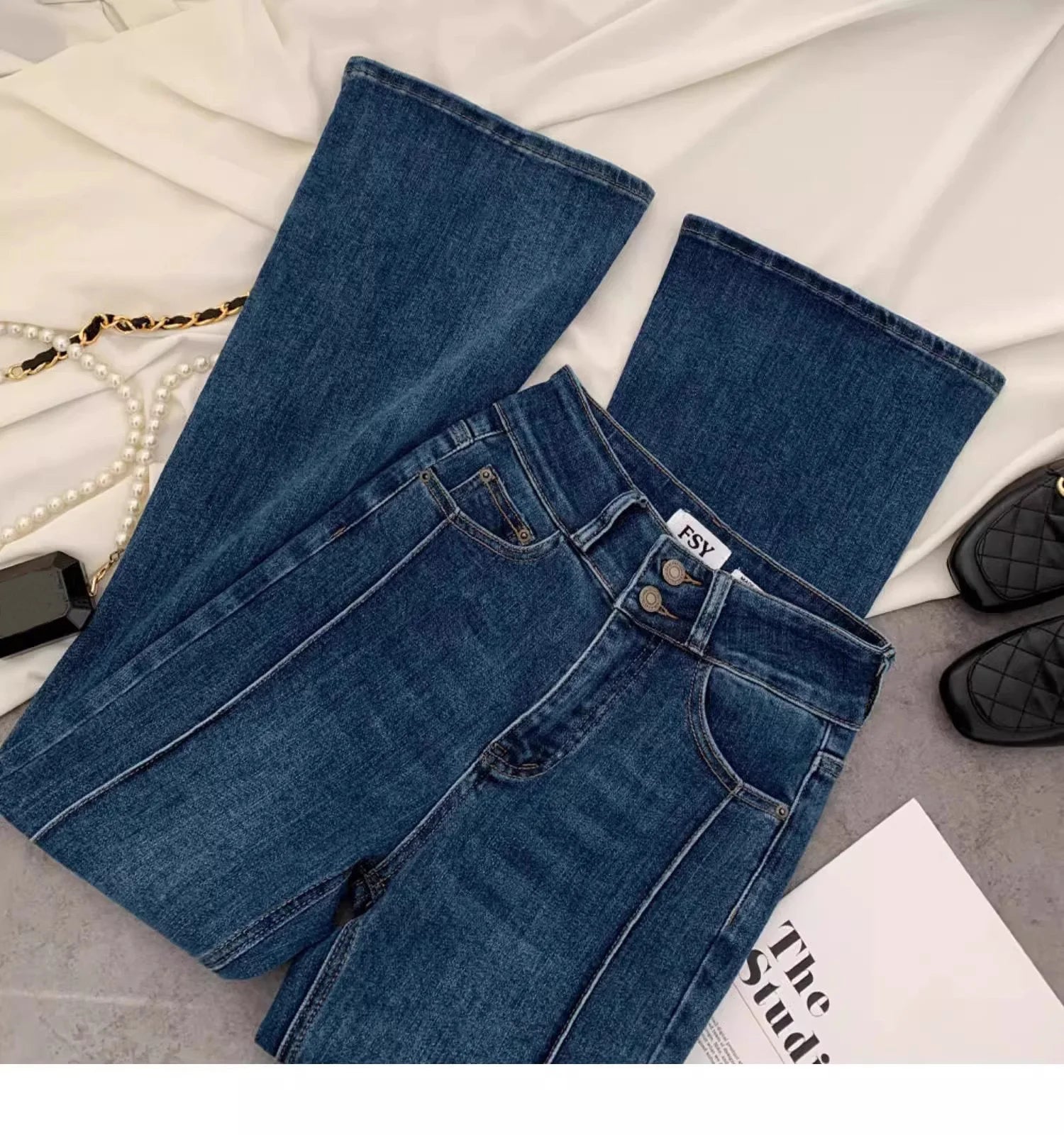 Vintage Blue Women Flare Pants Two - Button High Waist Slim Denim Trousers - American Thistle Vintage Blue Women Flare Pants Two - Button High Waist Slim Denim Trousers
