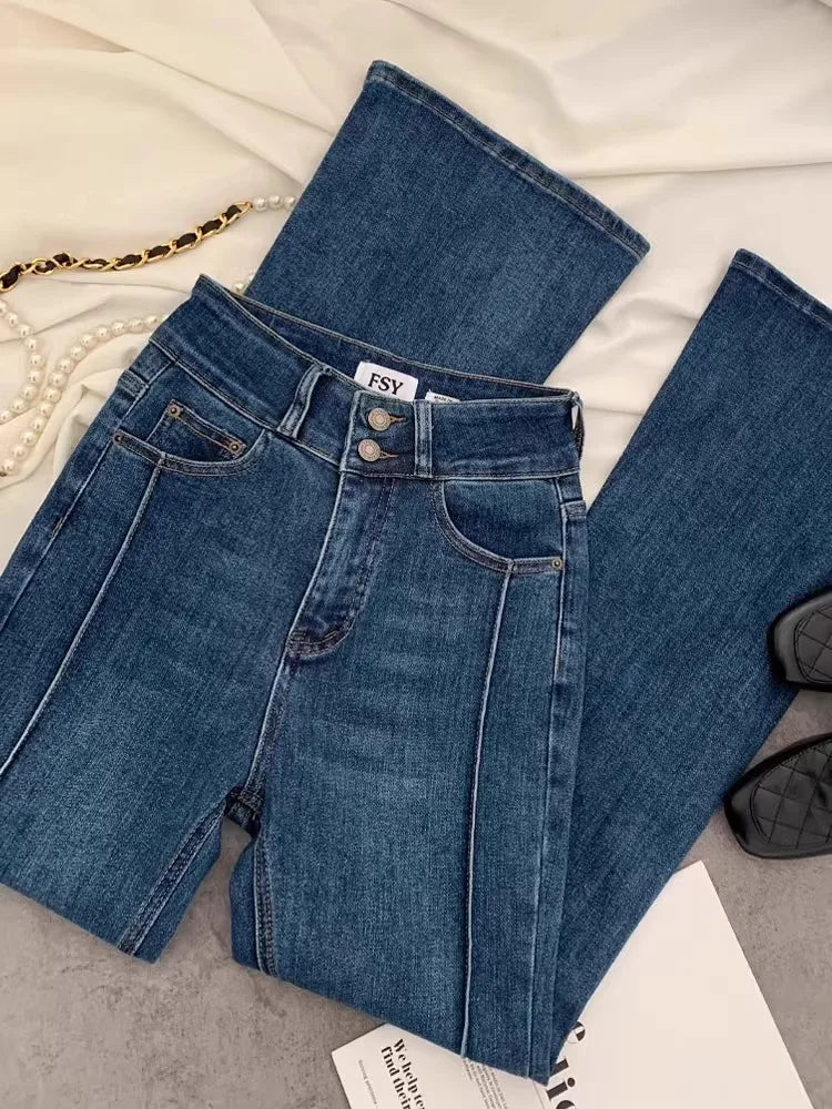 Vintage Blue Women Flare Pants Two - Button High Waist Slim Denim Trousers - American Thistle Vintage Blue Women Flare Pants Two - Button High Waist Slim Denim Trousers