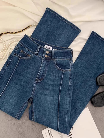 Vintage Blue Women Flare Pants Two - Button High Waist Slim Denim Trousers - American Thistle Vintage Blue Women Flare Pants Two - Button High Waist Slim Denim Trousers